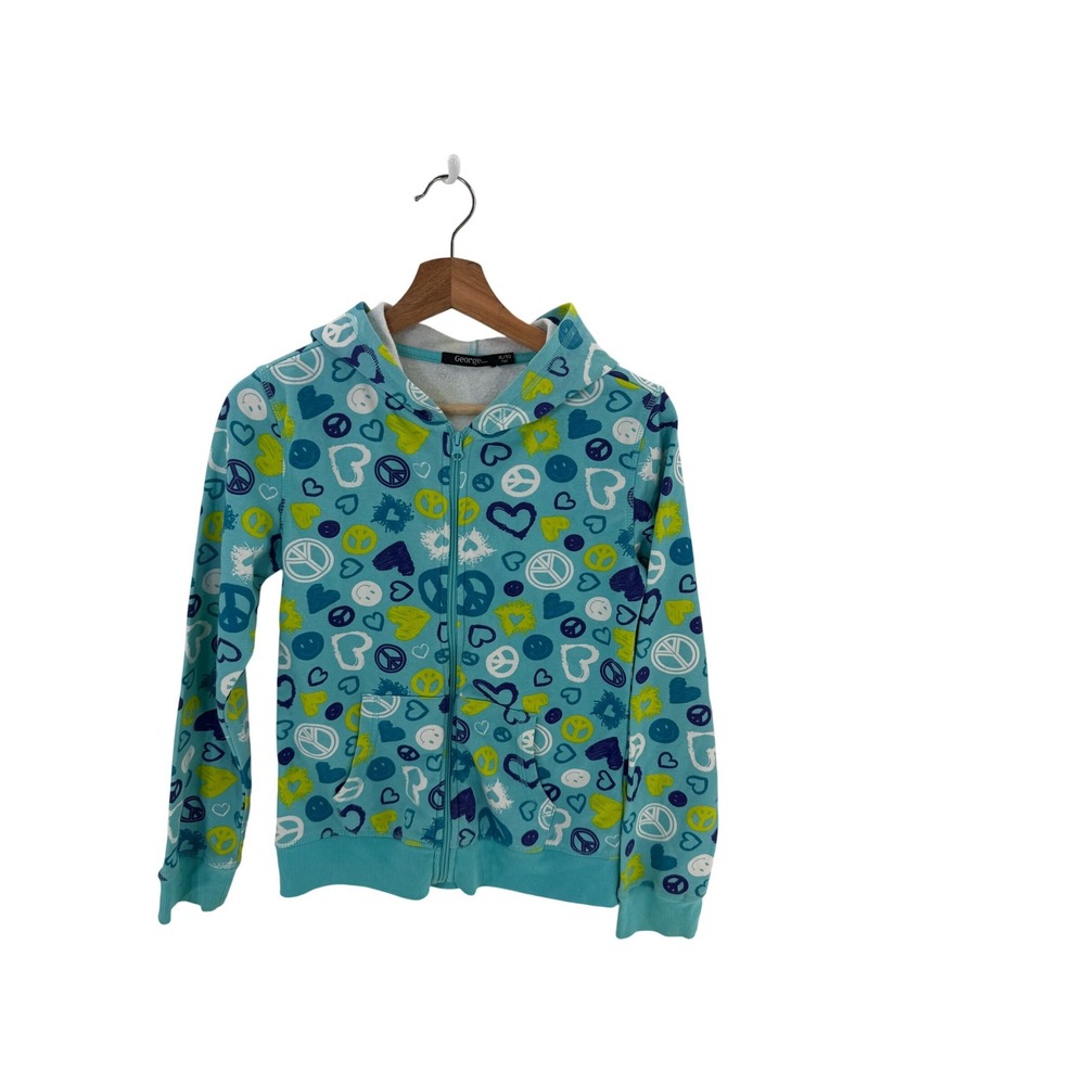 George Girls Teal Peace Heart Smiley Face Zip Up Hoodie Sweatshirt XL 16